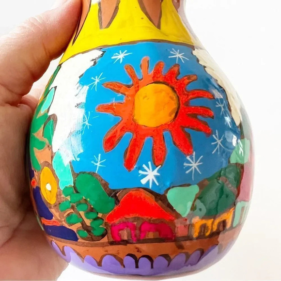 Vintage Handpainted Mexican Pottery Vases Red Clay Small Vessels Jugs Colorful 2 - Picture 9 of 12